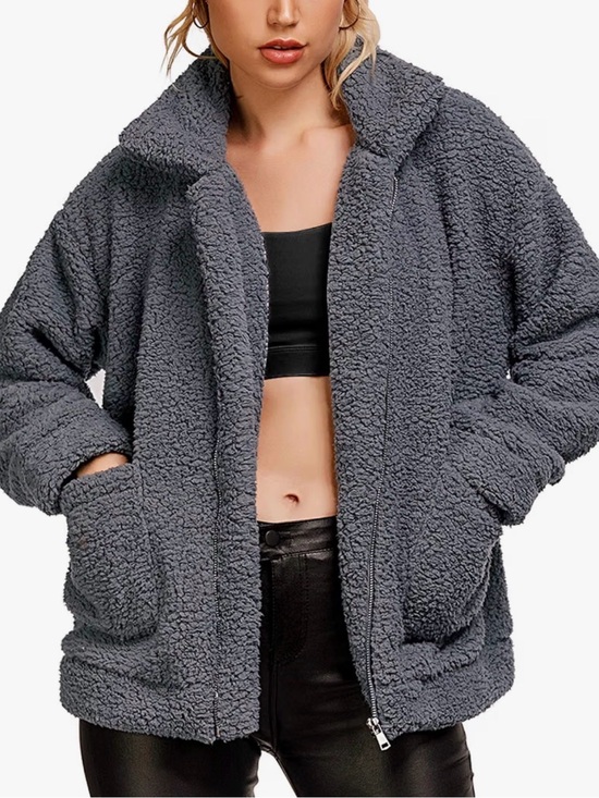Comeon Jackets & Blazers - A418 Plush Sherpa Zip-Up Jacket- Dark Gray Fleece Fuzzy Faux Oversized Large NWT